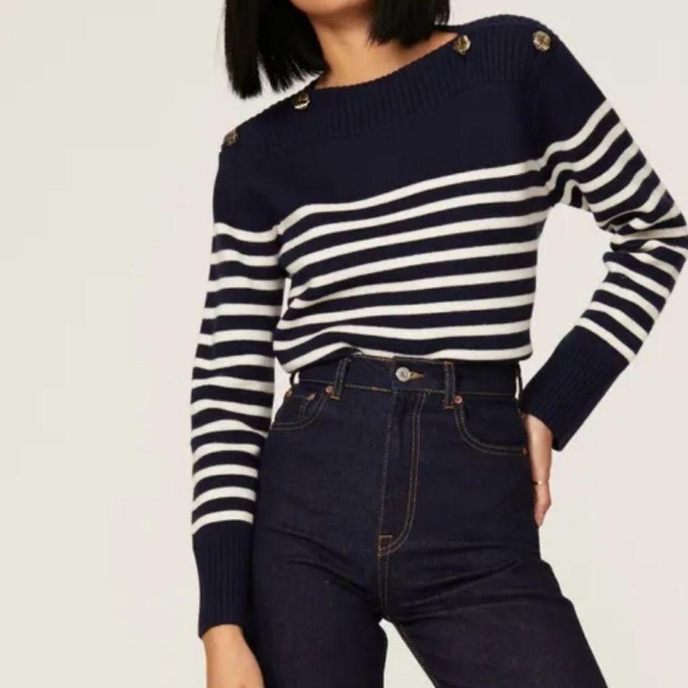 Tara Jarmon Nautical Blue and White Crew Neck Sweater